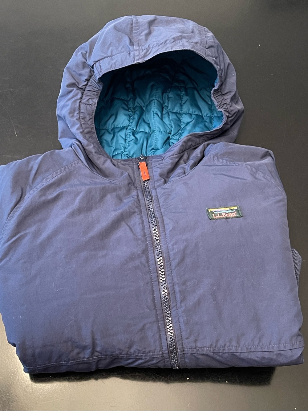 L.L. Bean Kids Navy Hooded Puffer Jacket with Teal Lining